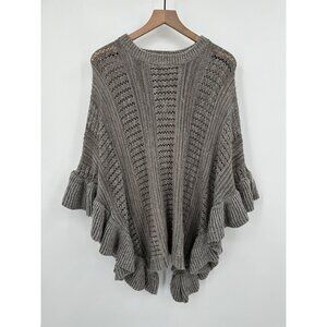 American Boutique OS Knitted Poncho Sweater Gray Ruffle Boxy Stretchy